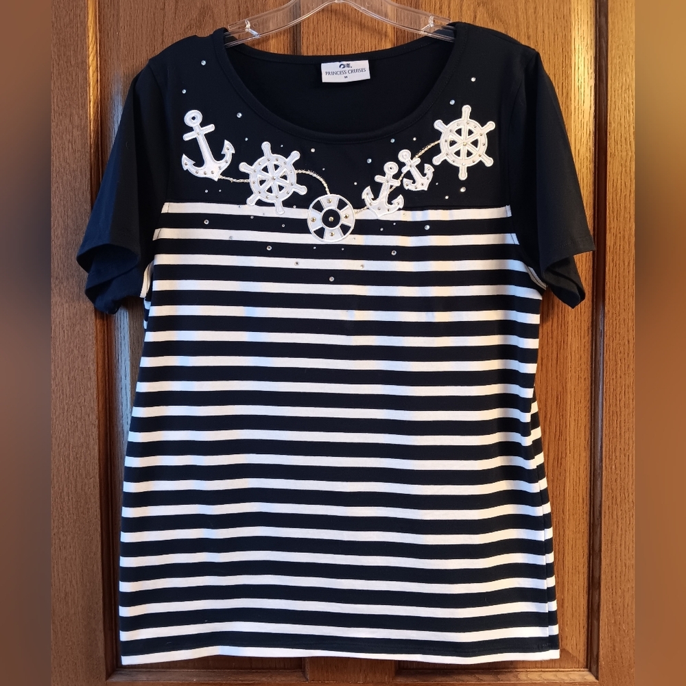 Embroidered & Embellished Blue & White Striped Nautical Theme Tee.  Sz MED